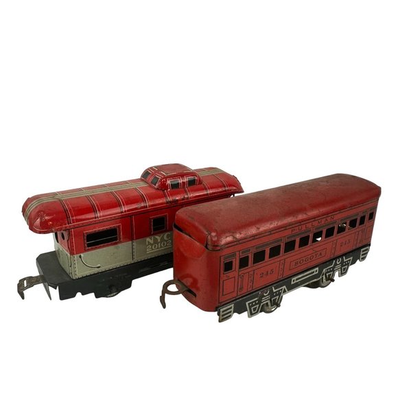 Lot of Two Vintage Marx Tin Railroad Train Passenger Car & Caboose Toy - Picture 1 of 9